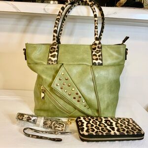 Leopard Accent Green Tote Bag